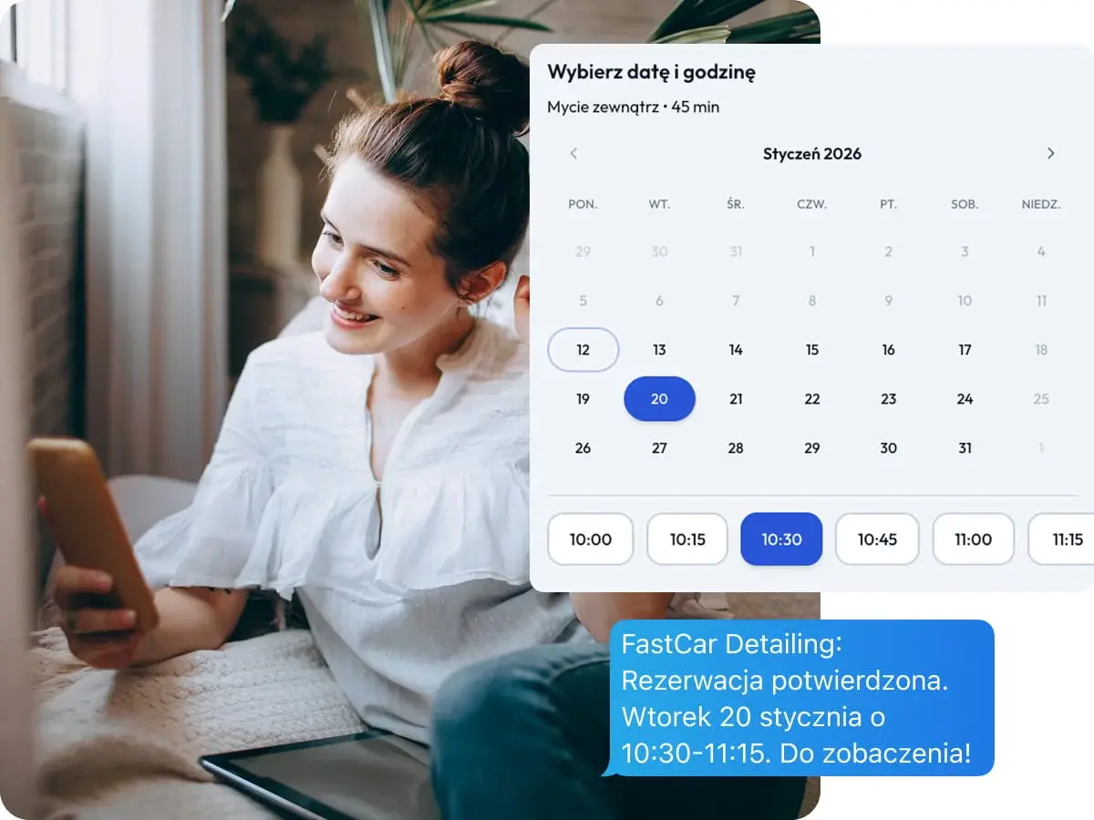 Klientka rezerwująca wizytę online przez kalendarz Carfect z wyborem daty i godziny