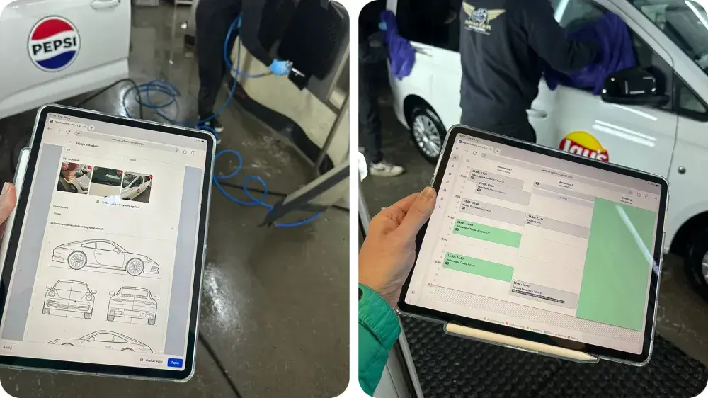 Kalendarz Carfect na tablecie i telefonie w studiu detailingowym