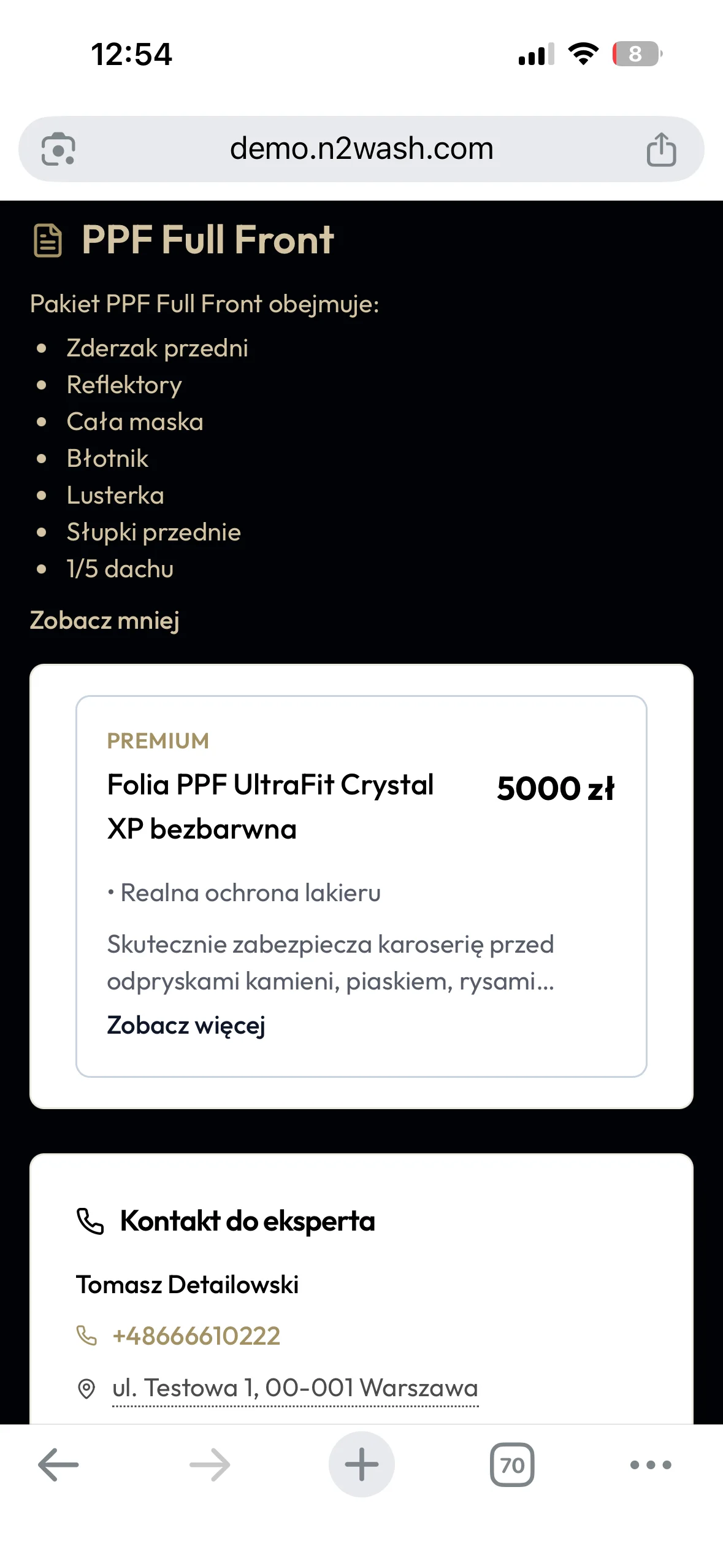 Widok oferty detailingowej na telefonie klienta z wariantami PPF i cenami